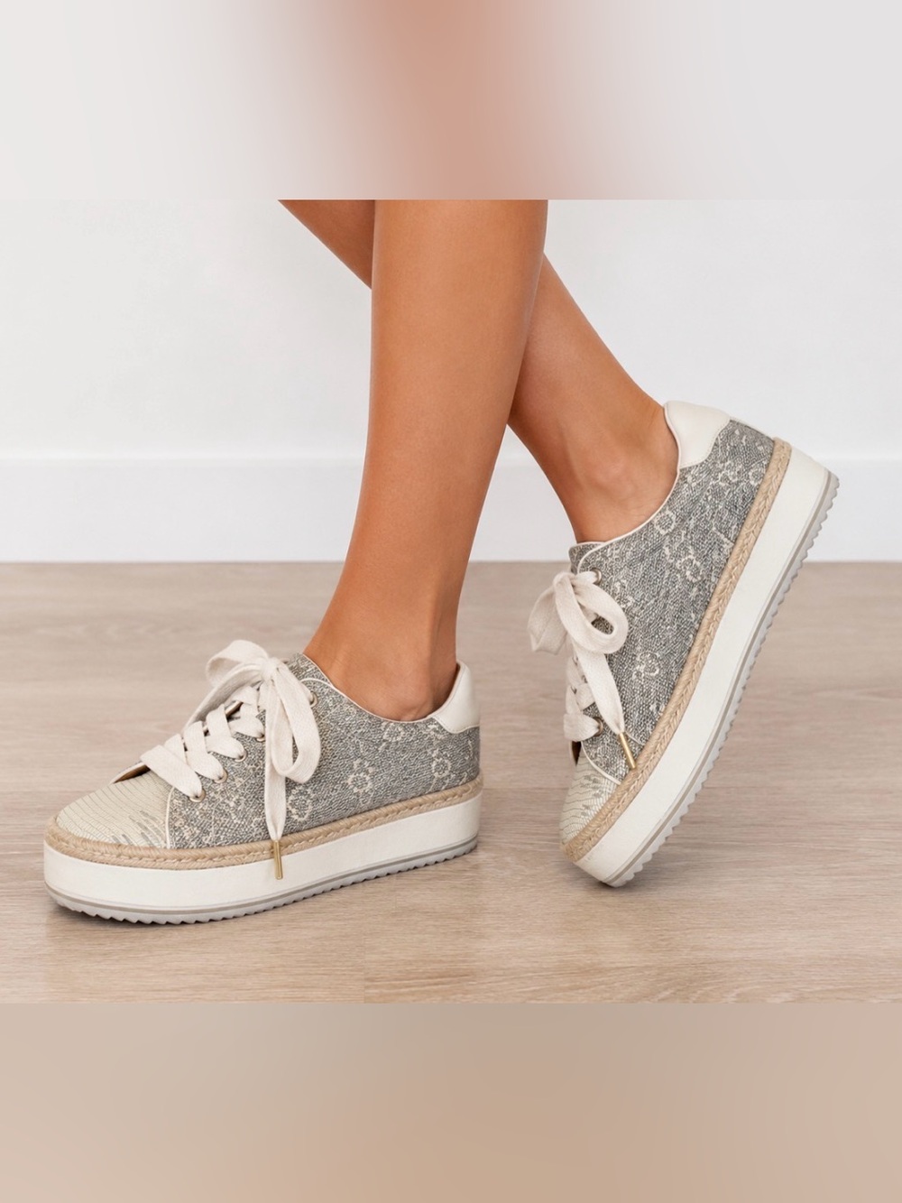 JOIE Women's Gray white Platform Sneakers with Rope Trim leather EU 39 Size 8.5